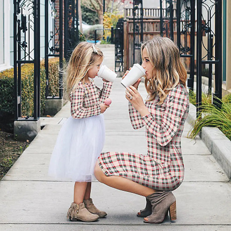 Colorful Checkered Long Sleeve Mother-Daughter Dress