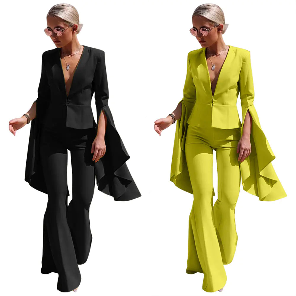 LS8021 Fashion Irregular Flare Pants Suit Set