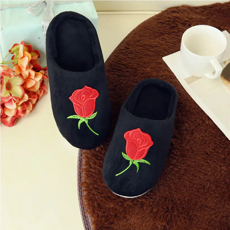 Rose Embroidered Non-Slip Cotton Indoor Slippers