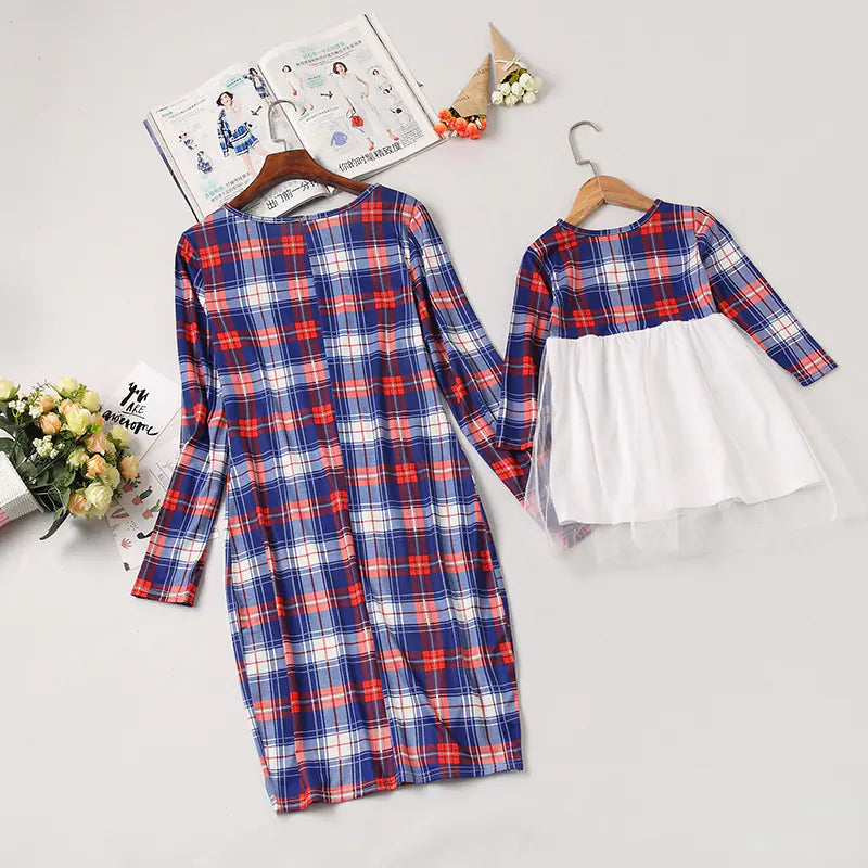 Colorful Checkered Long Sleeve Mother-Daughter Dress