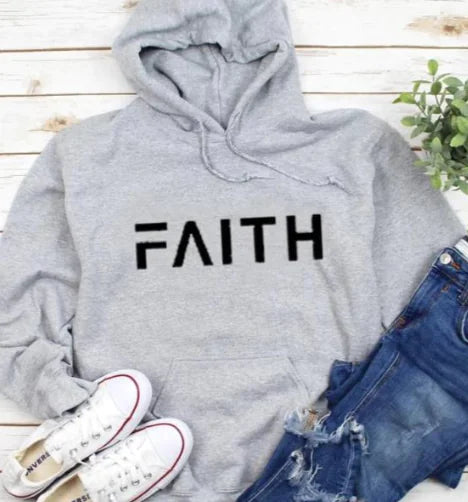 Autumn Winter Faith Letter Print Hooded Sweatshirt