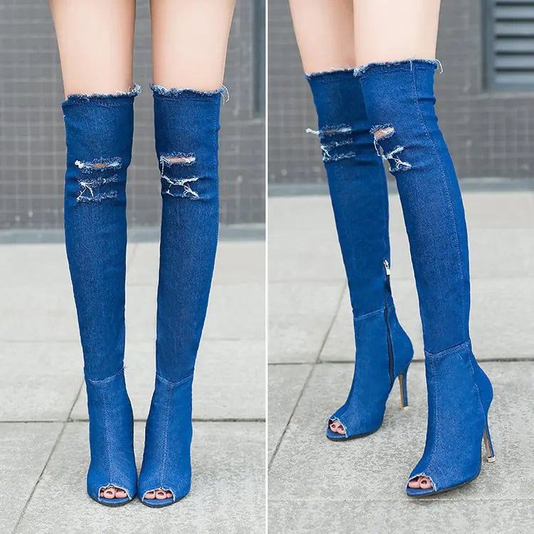 Fish Mouth Denim Over-the-Knee Slim Leg Boots