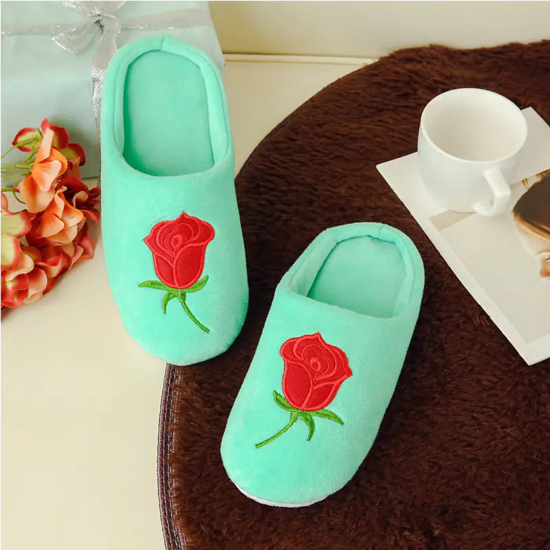 Rose Embroidered Non-Slip Cotton Indoor Slippers