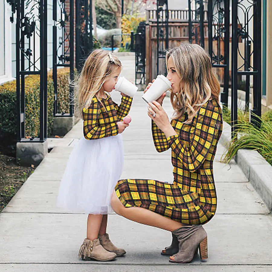 Colorful Checkered Long Sleeve Mother-Daughter Dress