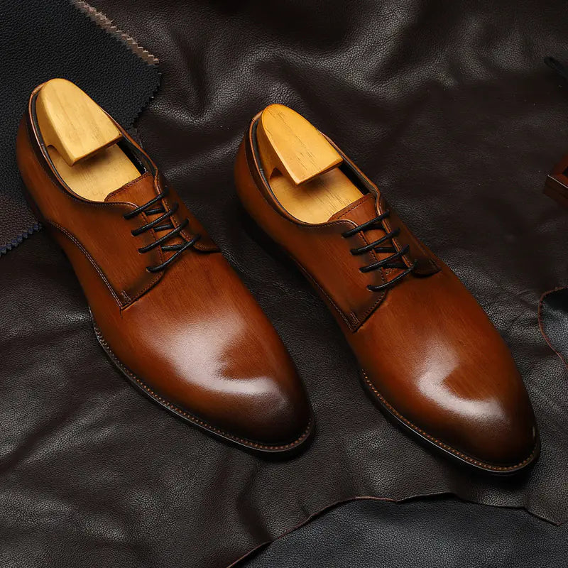 Men's British Leather Pointed Toe Lace-up Shoes