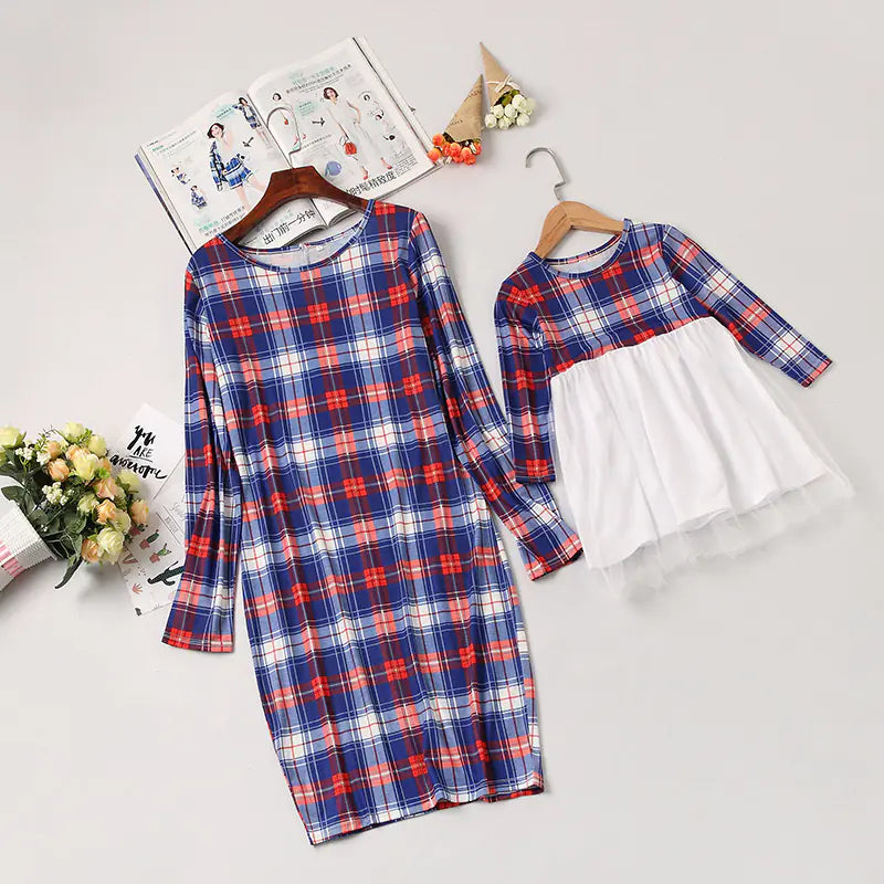 Colorful Checkered Long Sleeve Mother-Daughter Dress