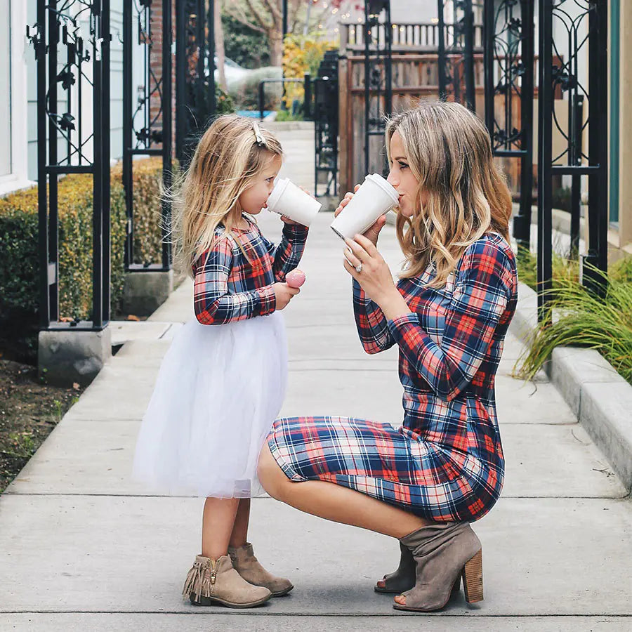 Colorful Checkered Long Sleeve Mother-Daughter Dress